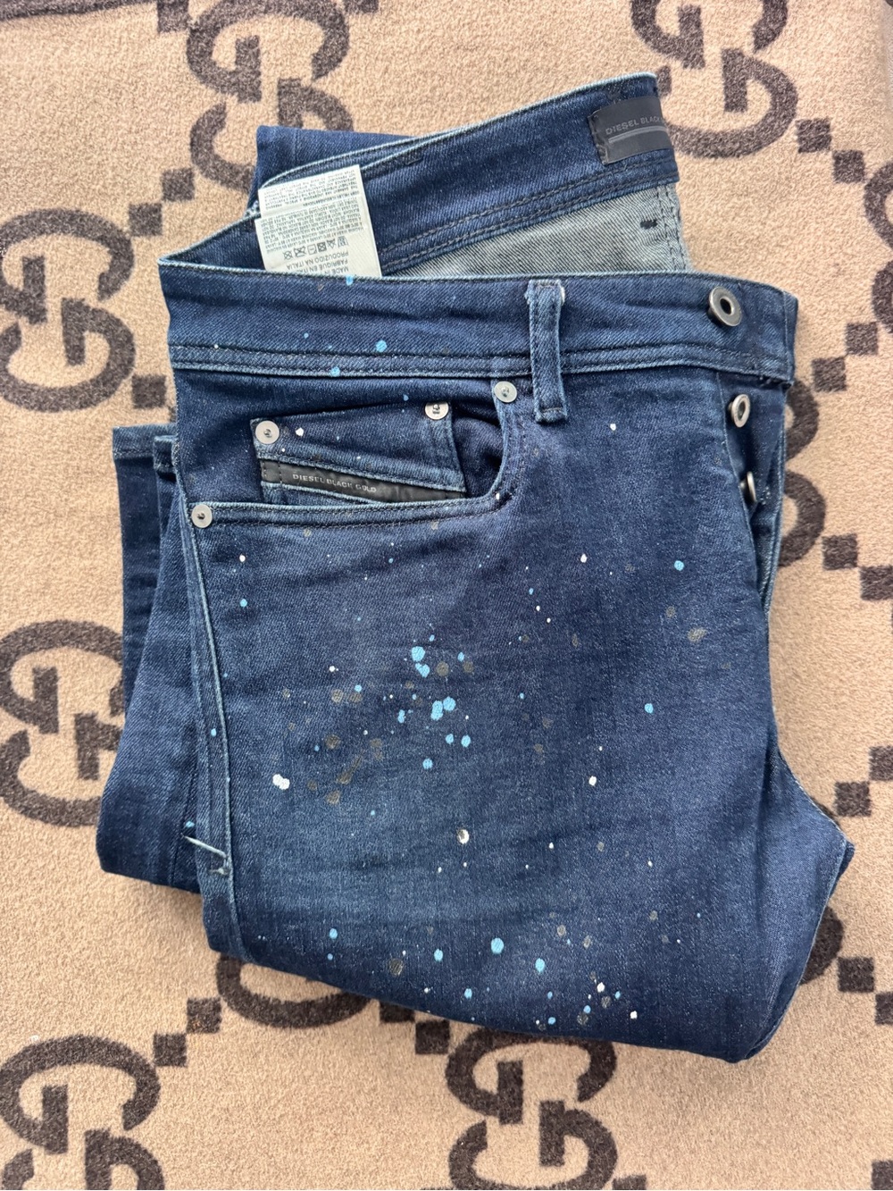 Diesel Black Gold X Long Men's Skinny Jeans in Dark Blue with Paint Splatter